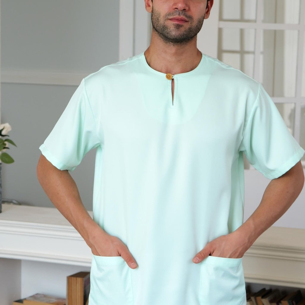 1-Button Men's Short-Sleeve T-Shirt – Breathable Abloh Crepe Fabric, Summer Casual