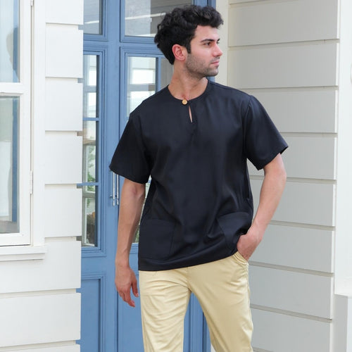 1-Button Men's Short-Sleeve T-Shirt – Breathable Abloh Crepe Fabric, Summer Casual