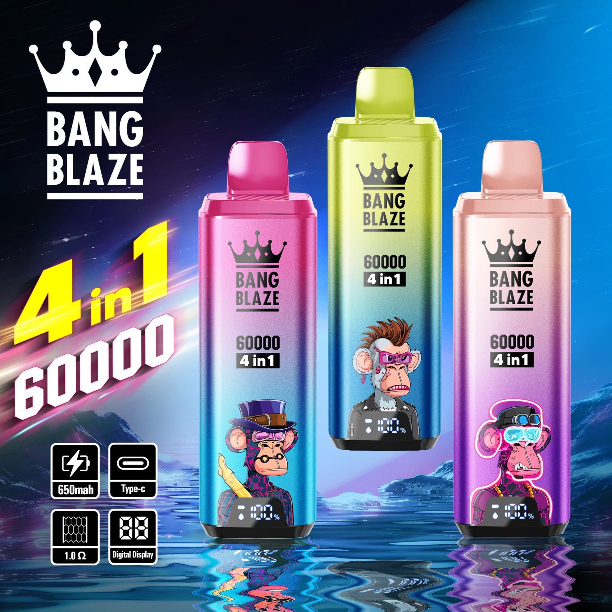 BANG BLAZE 4IN1 60000 Puffs Disposable Vape Wholesale(0% to 5% Nicotine) 56ML e-liquid  650mAh 12 Flavors