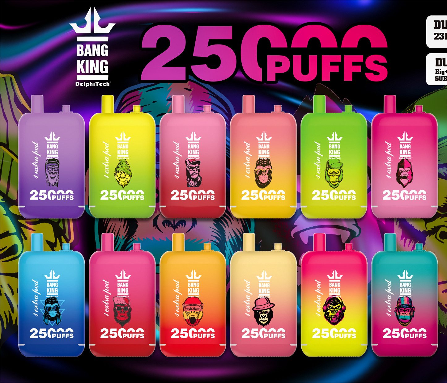 Bang King 25000 Puffs 25 K - 46mL Dual Tank (0% to 5% Nicotine) 650mAh Battery 12 Flavors