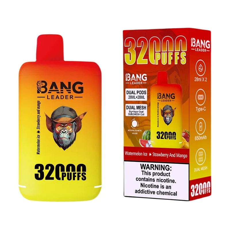 Bang Leader 32000 Puffs Disposable Vape (0% to 5% Nicotine) - Dual Pods, 26ml+26ml E-Liquid 650mah Type-C Rechargeable 18  Flavors
