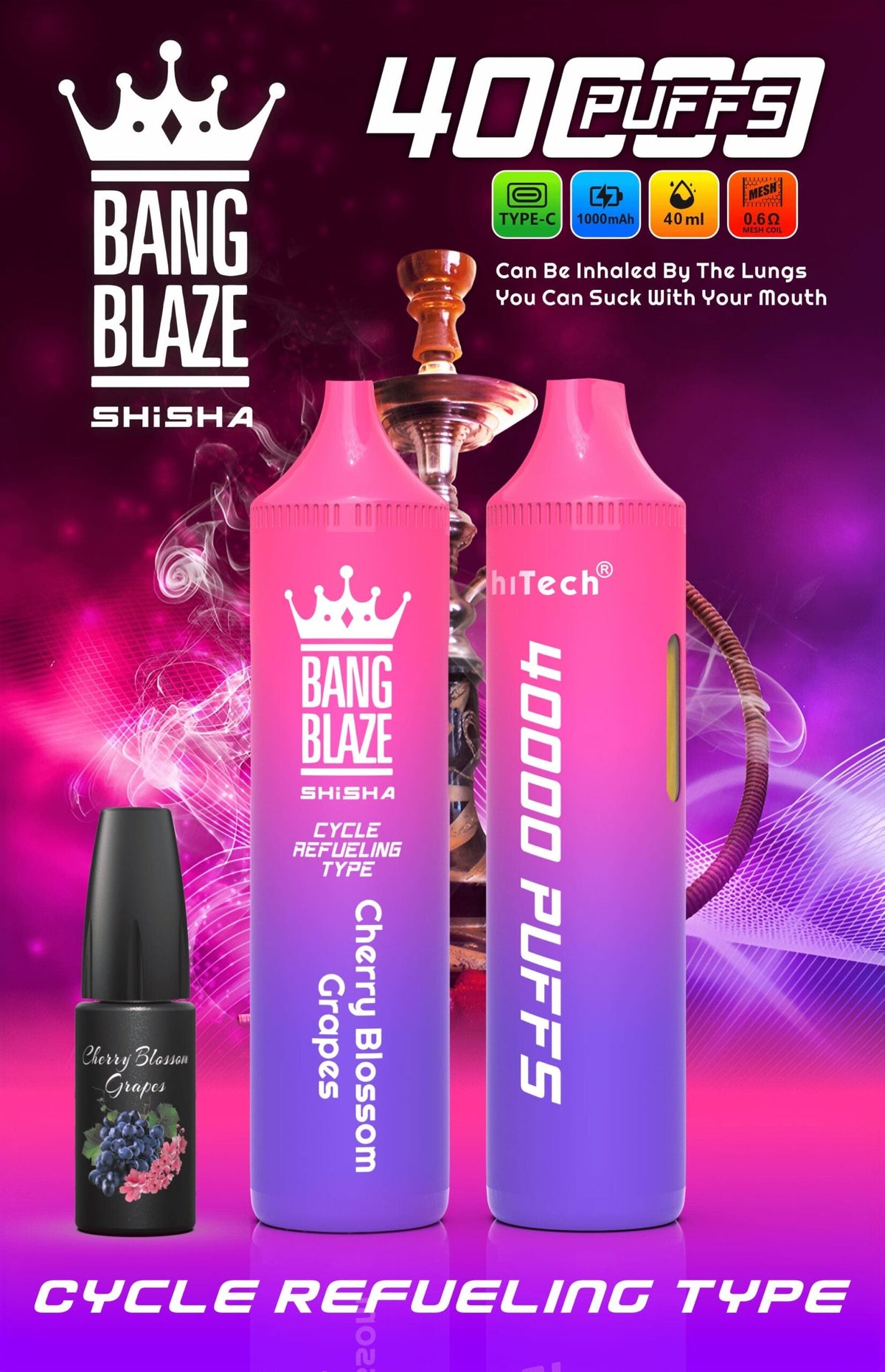Bang Blaze 40000 Puffs Disposable Vape(0% to 5% Nicotine) - 40ml E-Liquid, 1000mAh Battery 12 Flavors