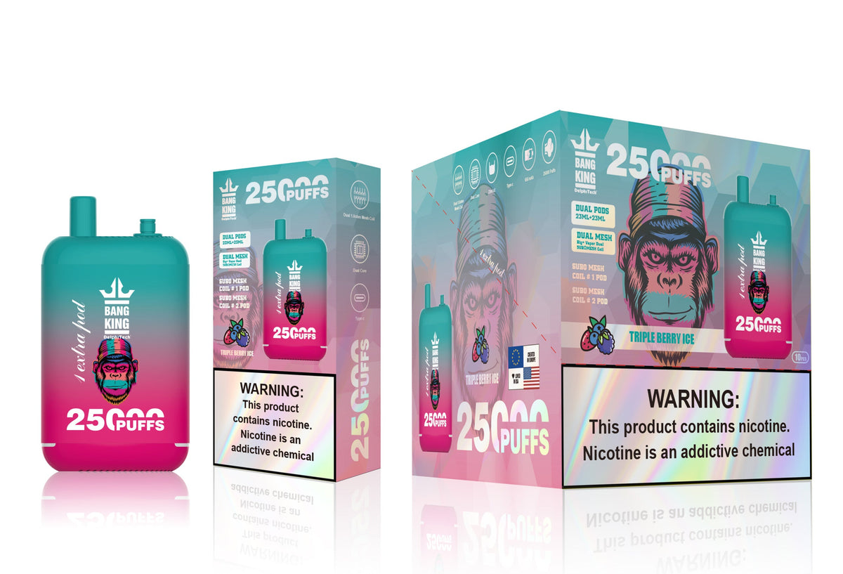 Bang 25000 Puffs Dual Mesh Coil Pod Rechargeable E Cigarette Disposable Vapes Bang King 25k Puff - 46mL pre-filled e-liquid Dual Tank (0% to 5% Nicotine);650mAh Battery 12 Flavors