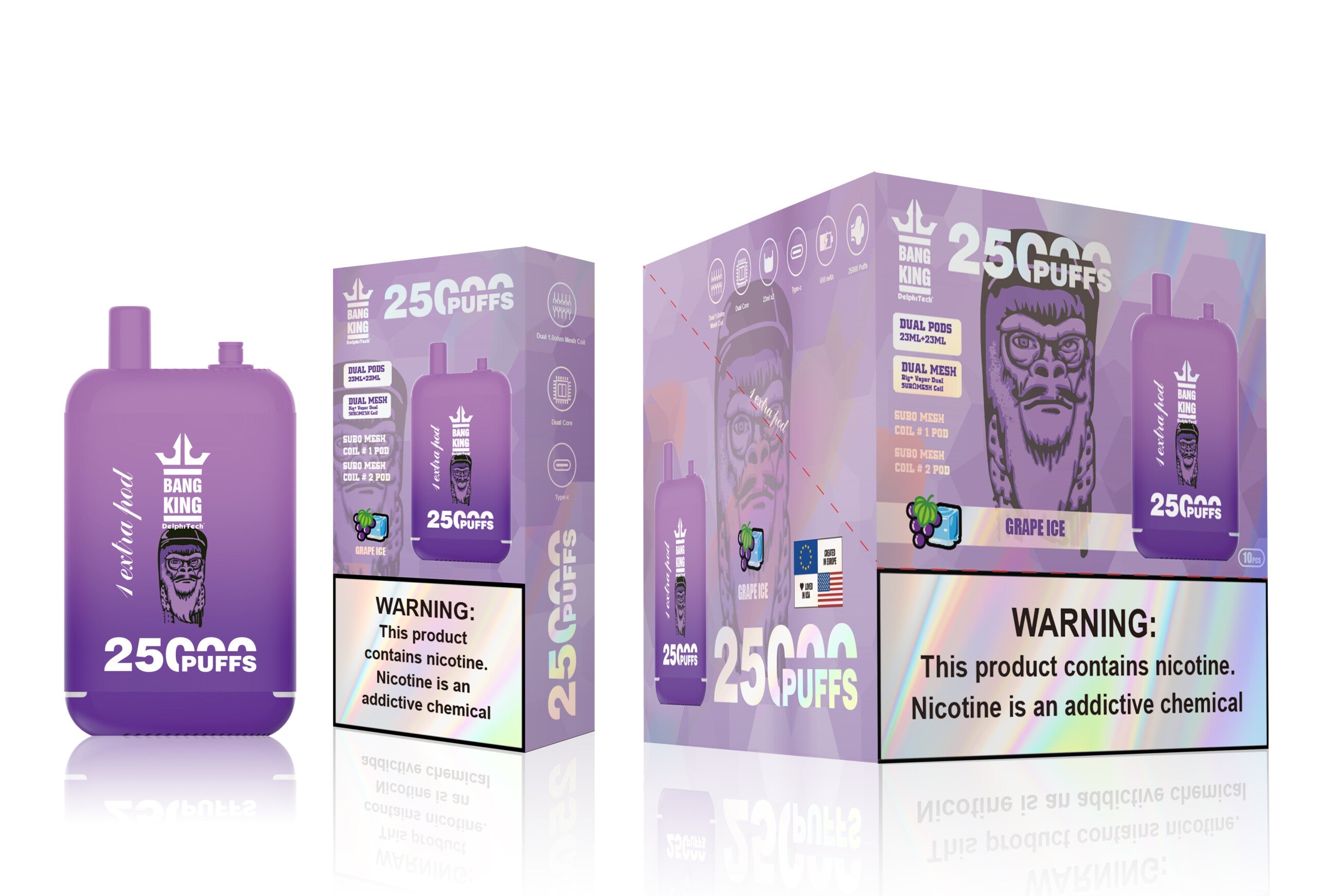 Bang 25000 Puffs Dual Mesh Coil Pod Rechargeable E Cigarette Disposable Vapes Bang King 25k Puff - 46mL pre-filled e-liquid Dual Tank (0% to 5% Nicotine);650mAh Battery 12 Flavors