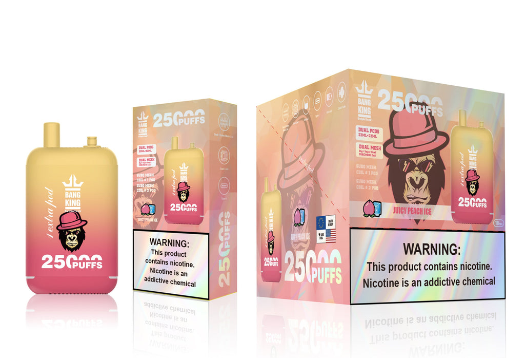 Bang 25000 Puffs Dual Mesh Coil Pod Rechargeable E Cigarette Disposable Vapes Bang King 25k Puff - 46mL pre-filled e-liquid Dual Tank (0% to 5% Nicotine);650mAh Battery 12 Flavors