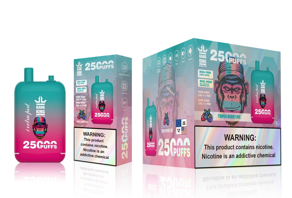 Bang 25000 Puffs Dual Mesh Coil Pod Rechargeable E Cigarette Disposable Vapes Bang King 25k Puff - 46mL pre-filled e-liquid Dual Tank (0% to 5% Nicotine);650mAh Battery 12 Flavors