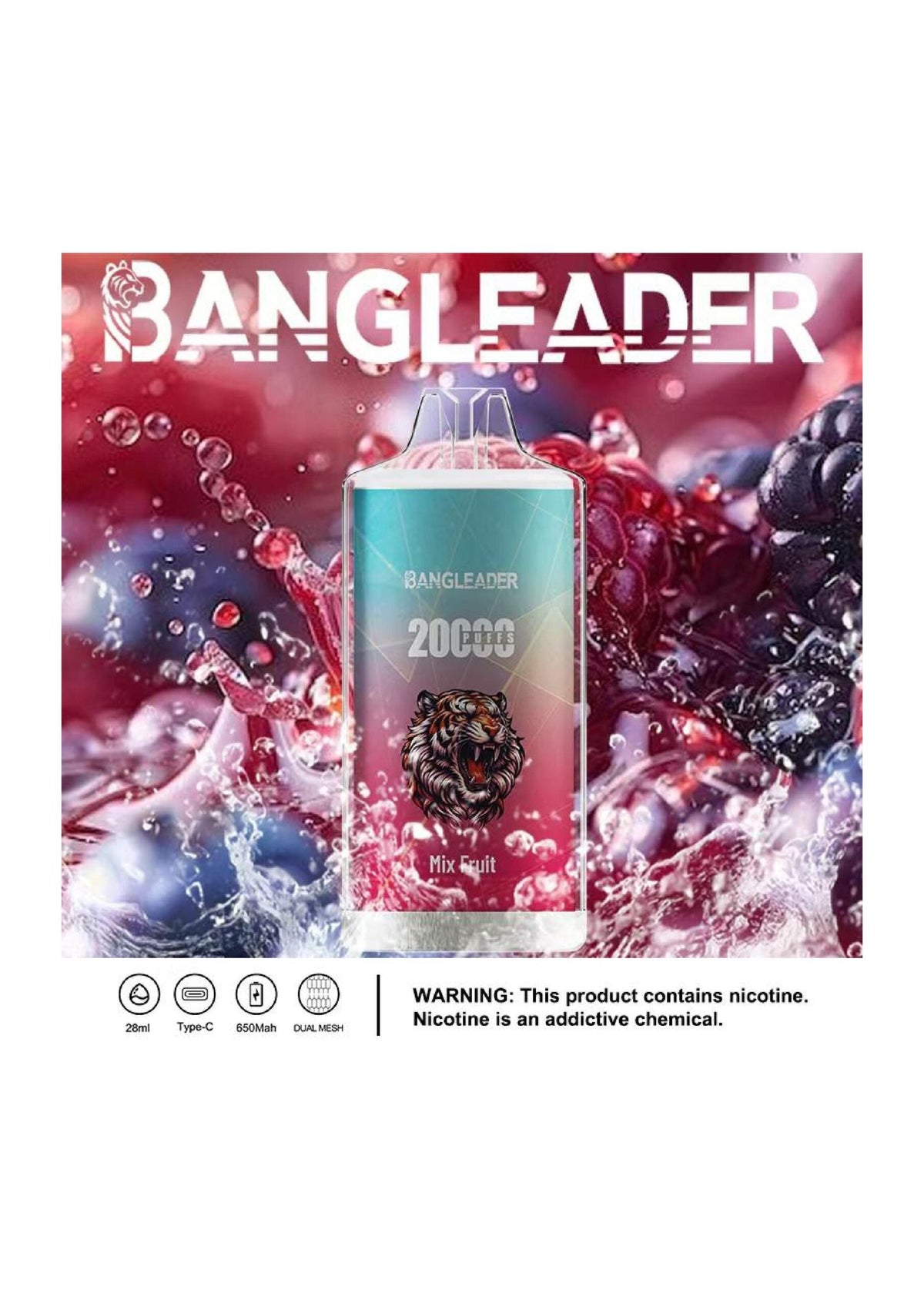 Bang Leader 20000 Puffs Disposable Vape(0% to 5% Nicotine) - 28ml E-Liquid, 650mAh Battery,Summer 12 Flavors
