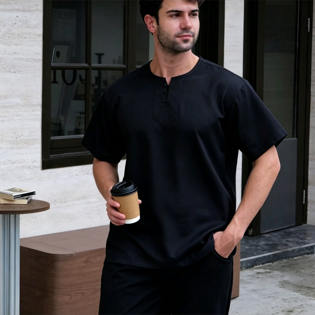 3-Button Henley Kurta Shirt - Premium Light Blue Ironless Muslim Top for Men