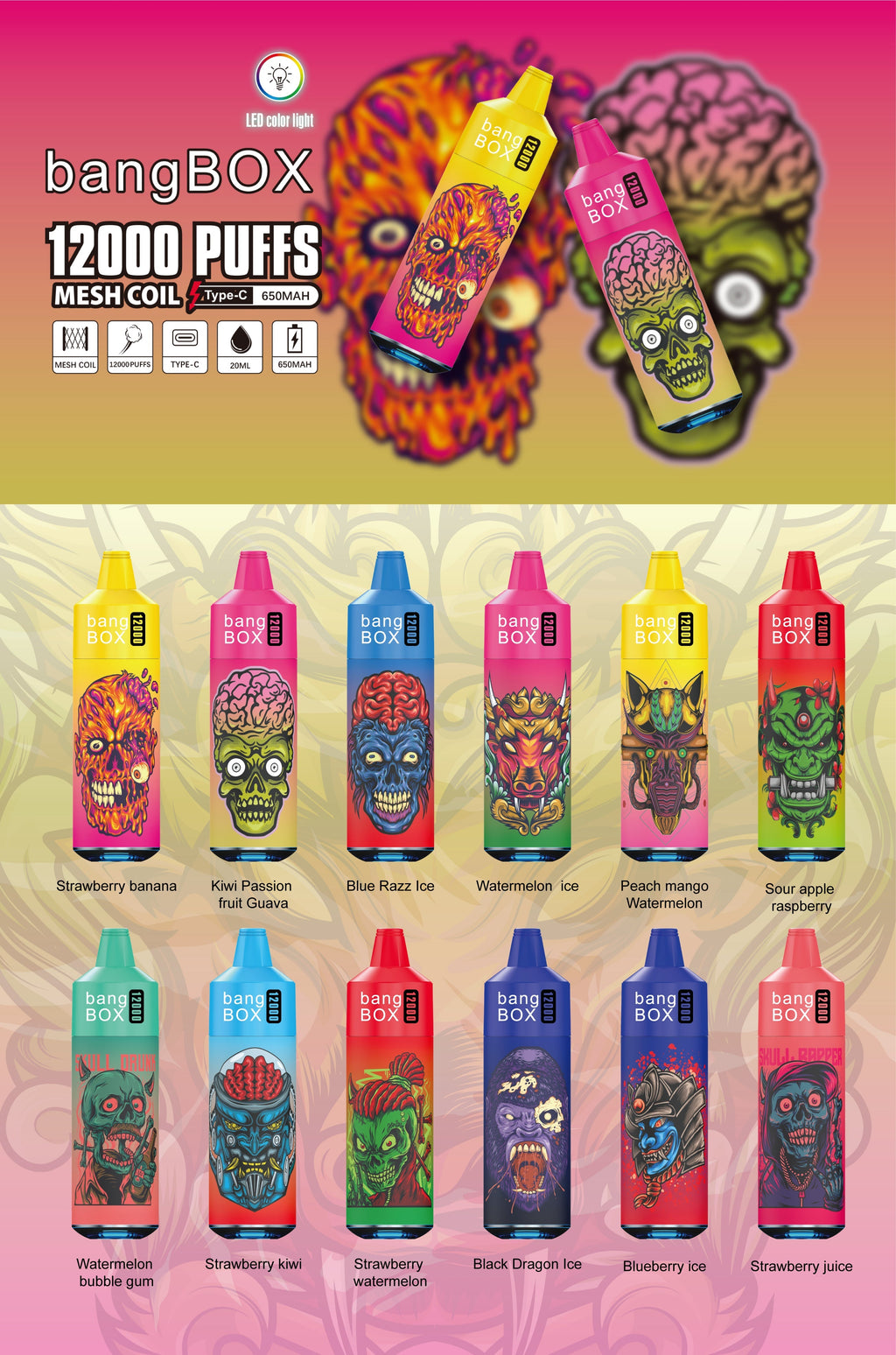 BANGBOX VAPE 12000 PUFFS/12 FLAVORS /RGB LIGHT/Battery650Mah /E-juice volume: 28ml 12flavors.