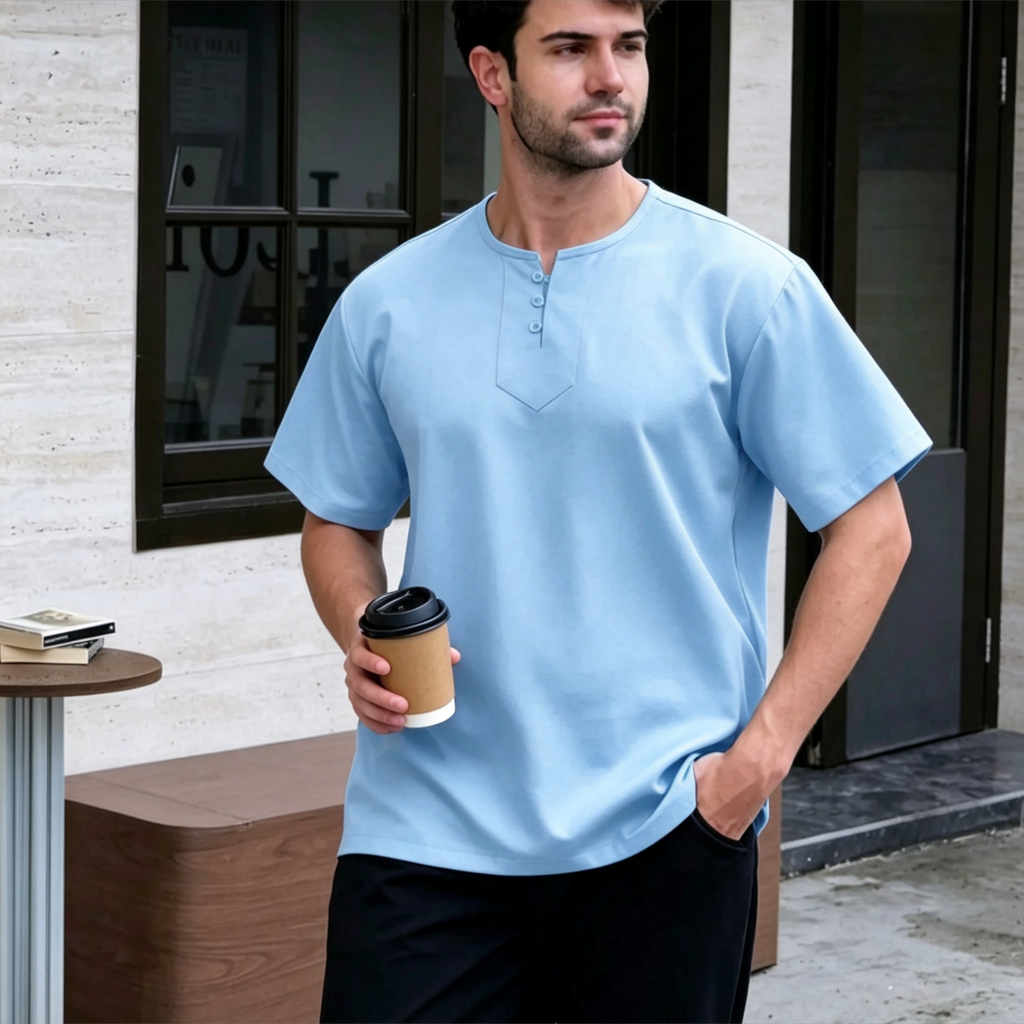 Premium Light Blue Henley Kurta - Ironless Modest Top for Men
