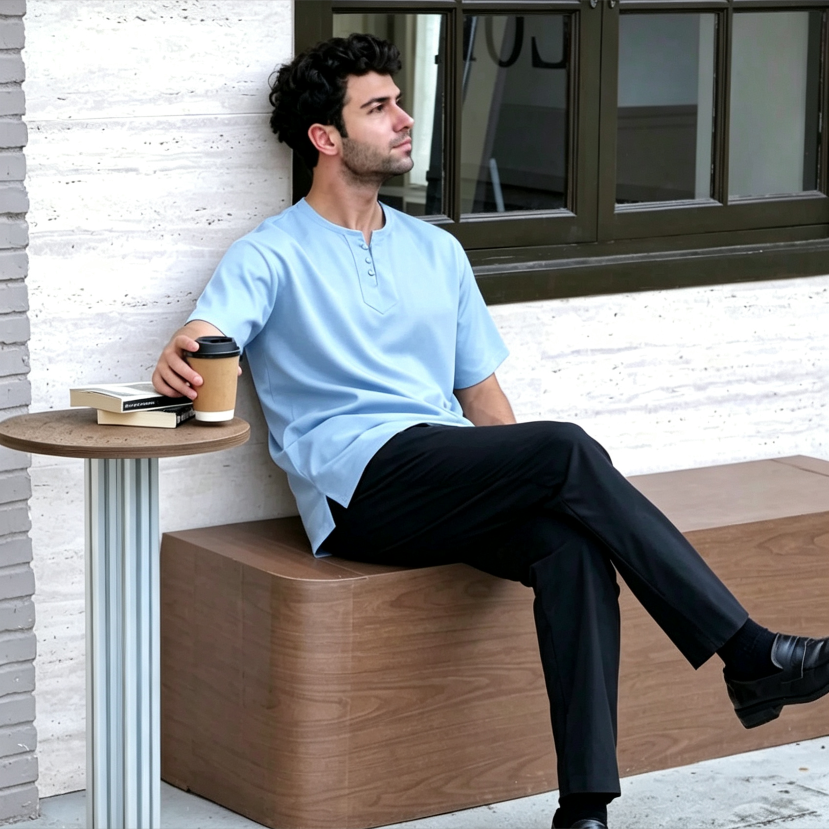 Premium Light Blue Henley Kurta - Ironless Modest Top for Men