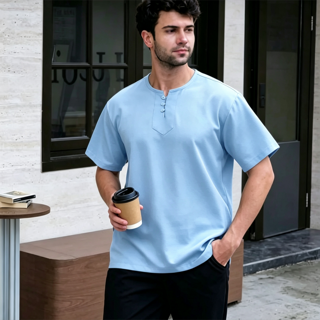 Premium Light Blue Henley Kurta - Ironless Modest Top for Men