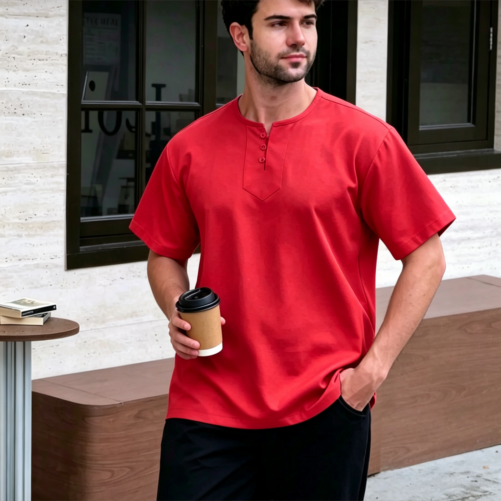 3-Button Henley Kurta Shirt - Premium Ironless Muslim Top for Men