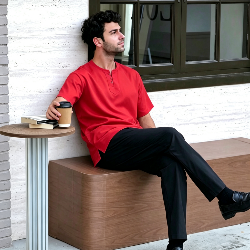 3-Button Henley Kurta Shirt - Premium Ironless Muslim Top for Men