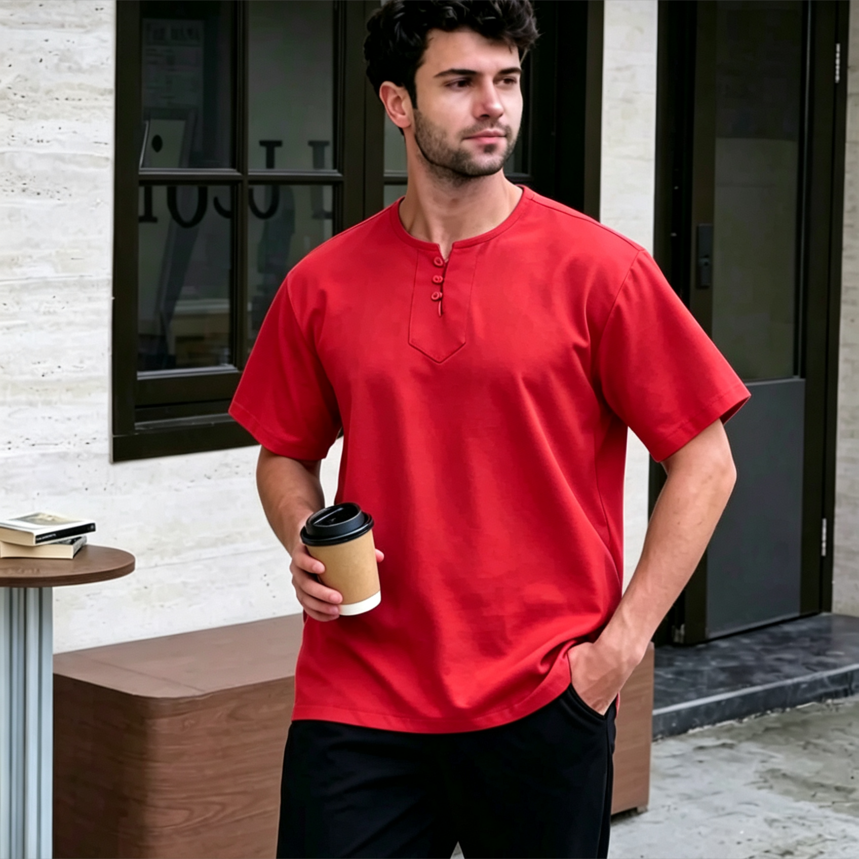 3-Button Henley Kurta Shirt - Premium Ironless Muslim Top for Men
