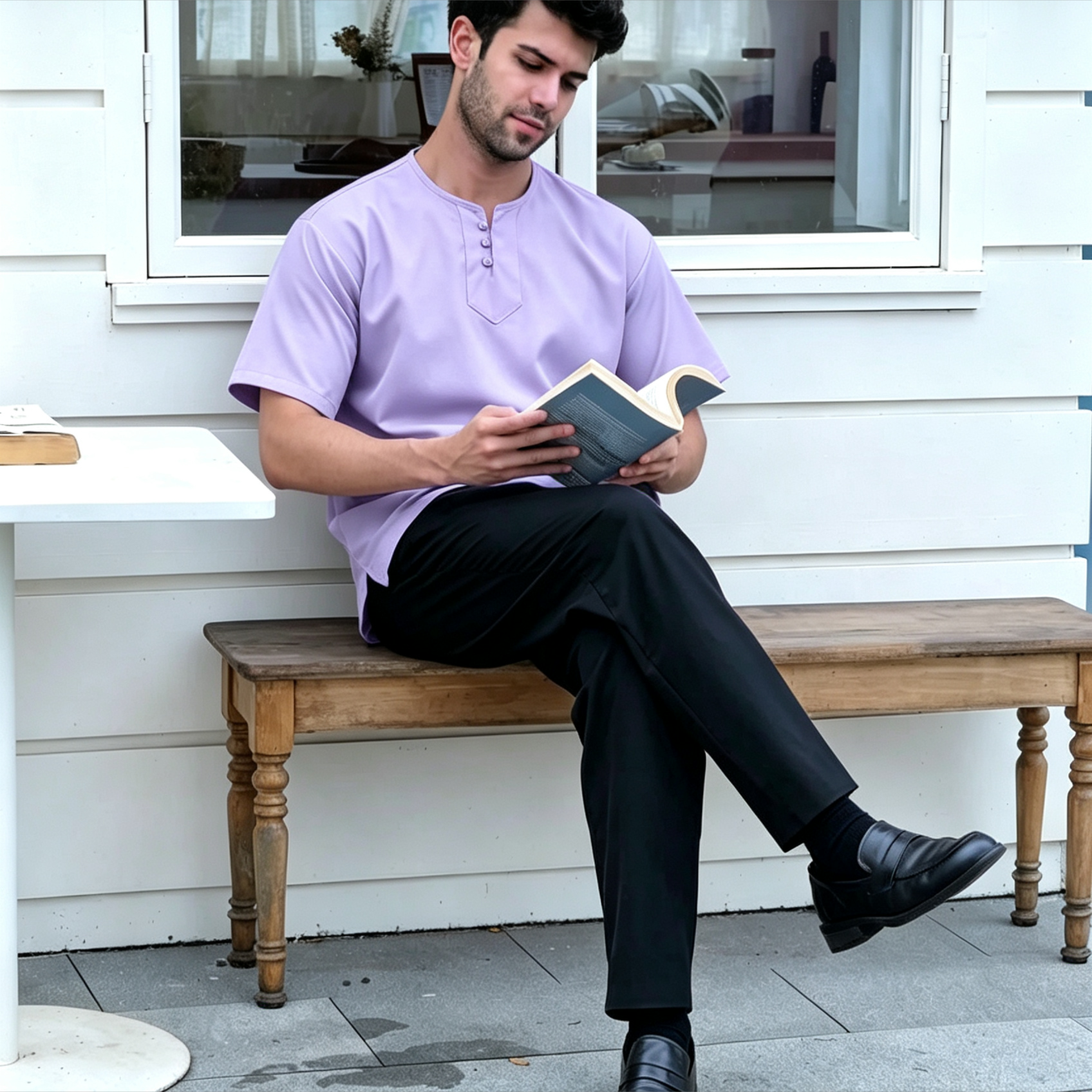 3-Button Short Sleeve Kurta - Light Purple