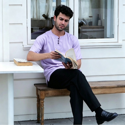 3-Button Short Sleeve Kurta - Light Purple