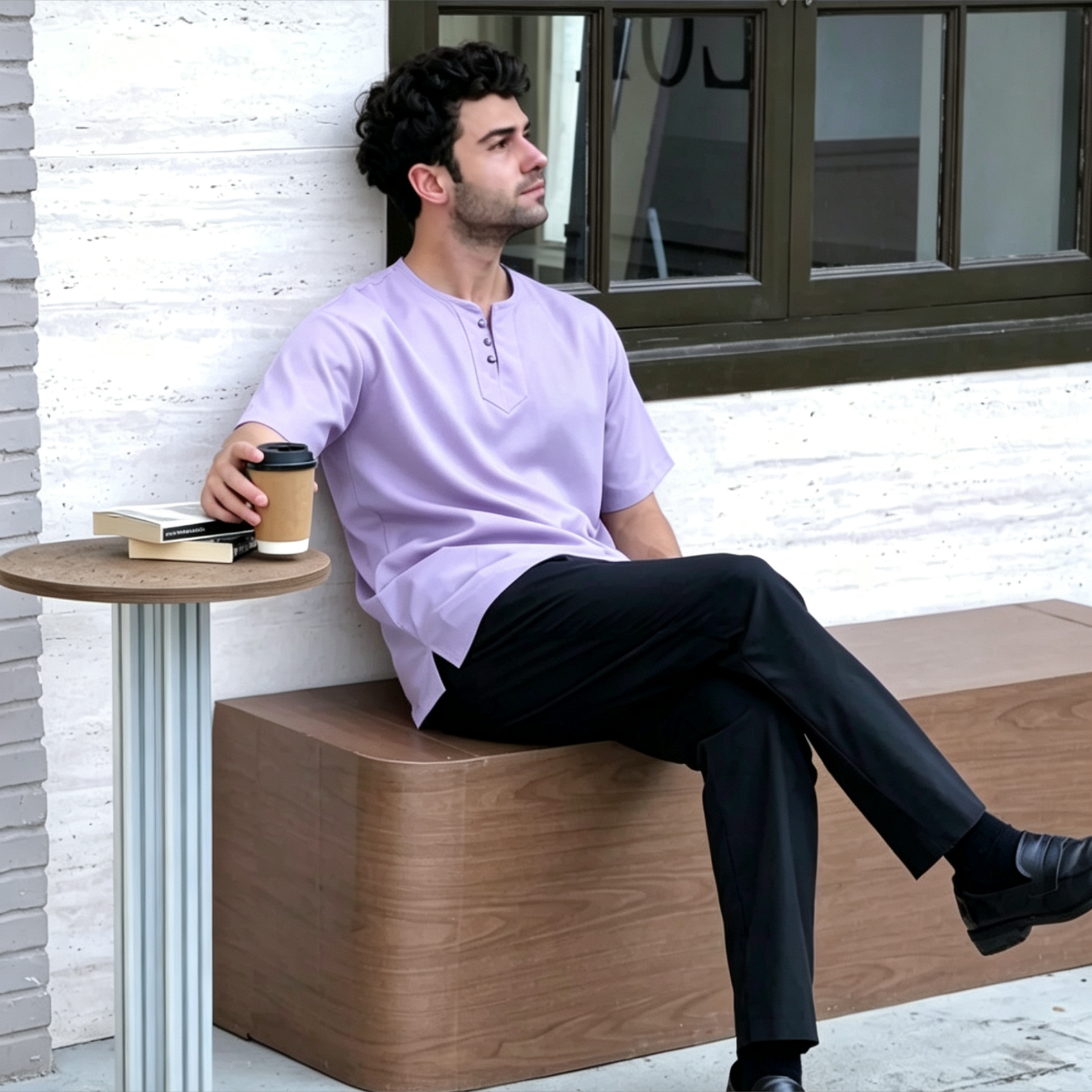3-Button Short Sleeve Kurta - Light Purple