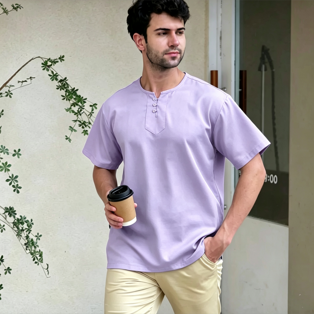 3-Button Short Sleeve Kurta - Light Purple