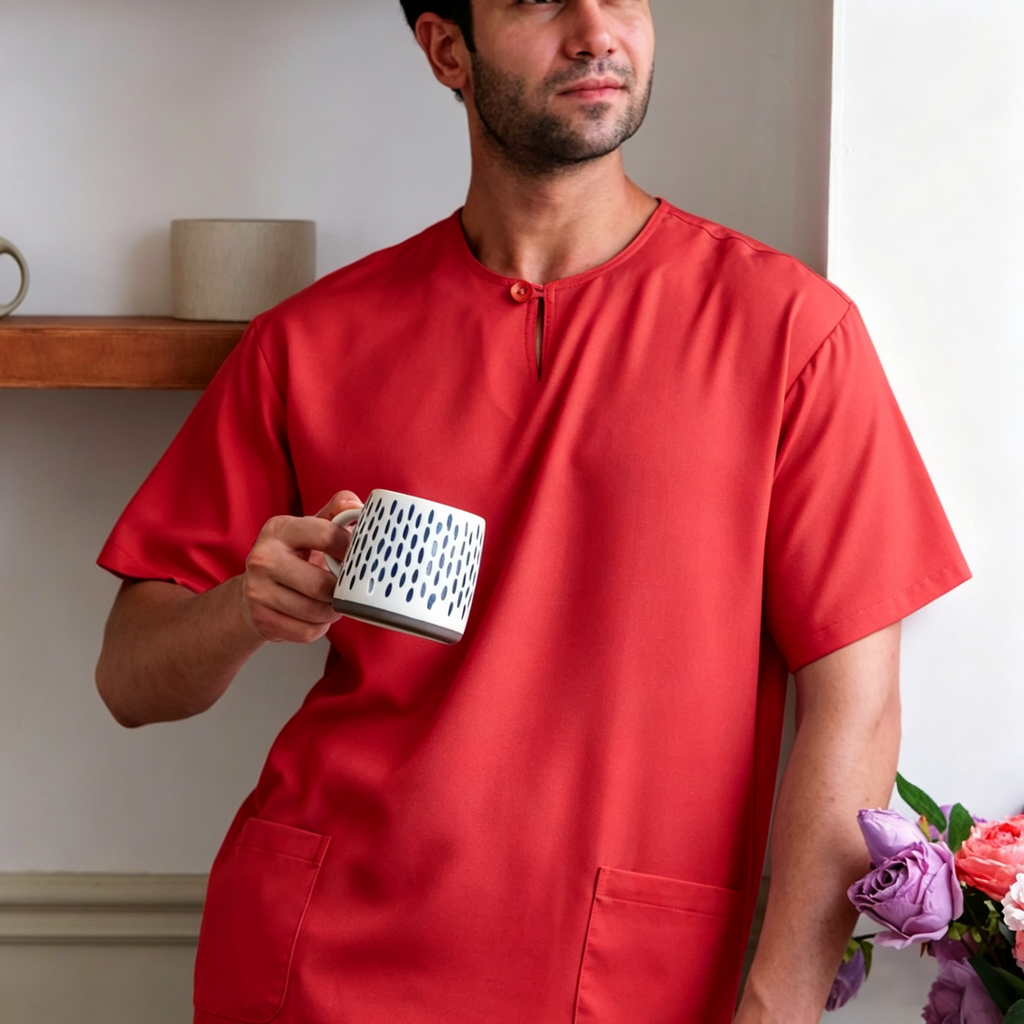 Minimalist Red Kurta – Premium Ironless Abloh Crepe (Bergaya & Selesa)