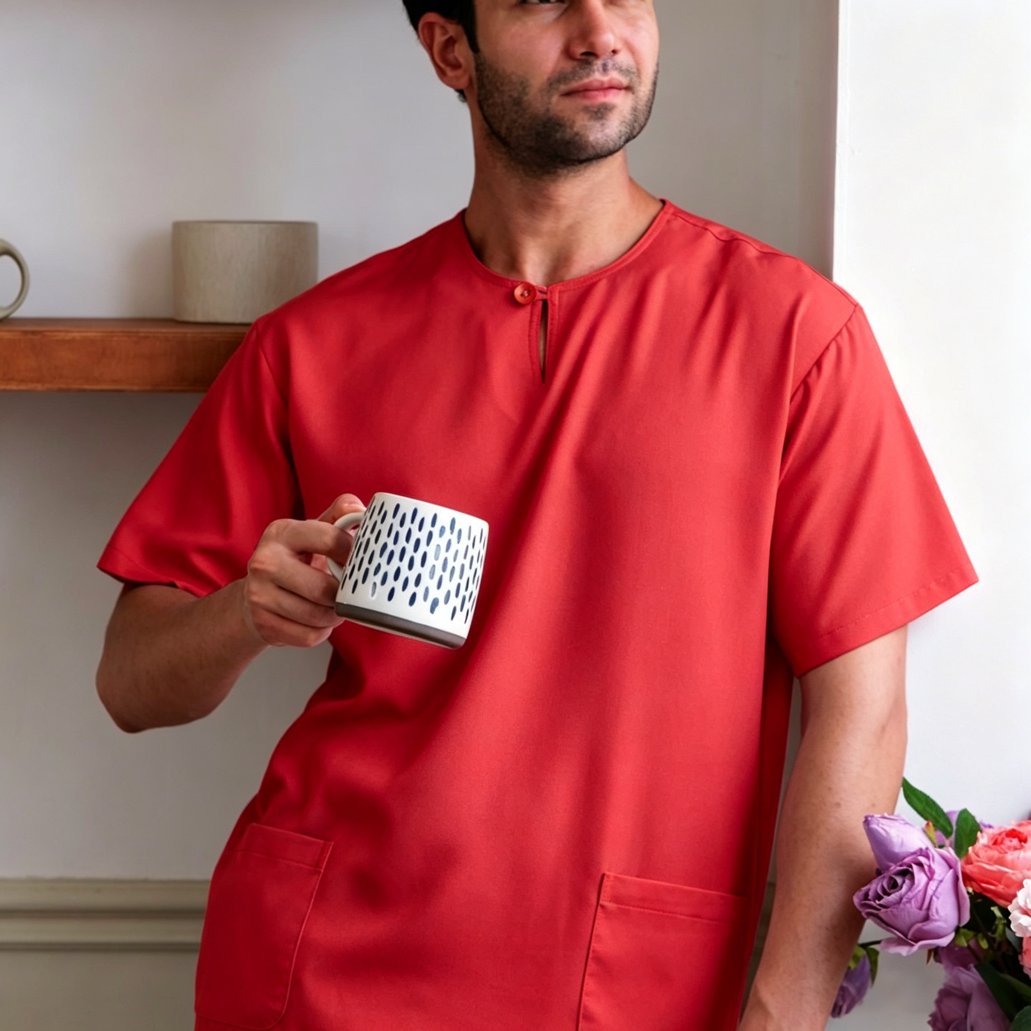 Minimalist Red Kurta – Premium Ironless Abloh Crepe (Bergaya & Selesa)