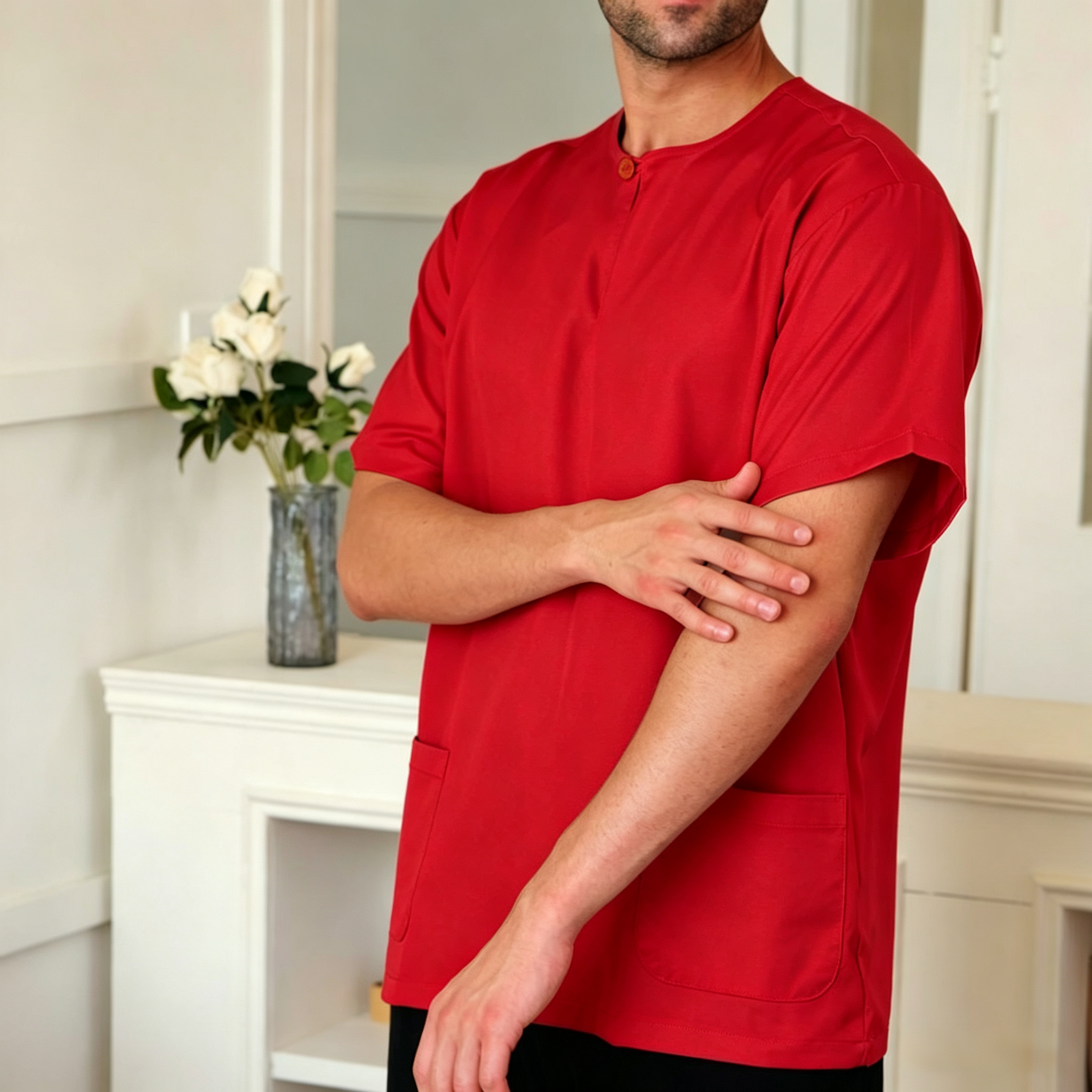 Minimalist Red Kurta – Premium Ironless Abloh Crepe (Bergaya & Selesa)