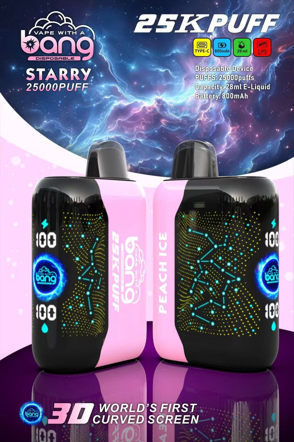 Bang Starry  25000 Puffs 25K Smart Full Screen Turn Ice Wholesale Disposable Vape Puff  Prefilled Pod-850mAh Battery, 30ml E-liquid, Multiple Nicotine 16 Flavors