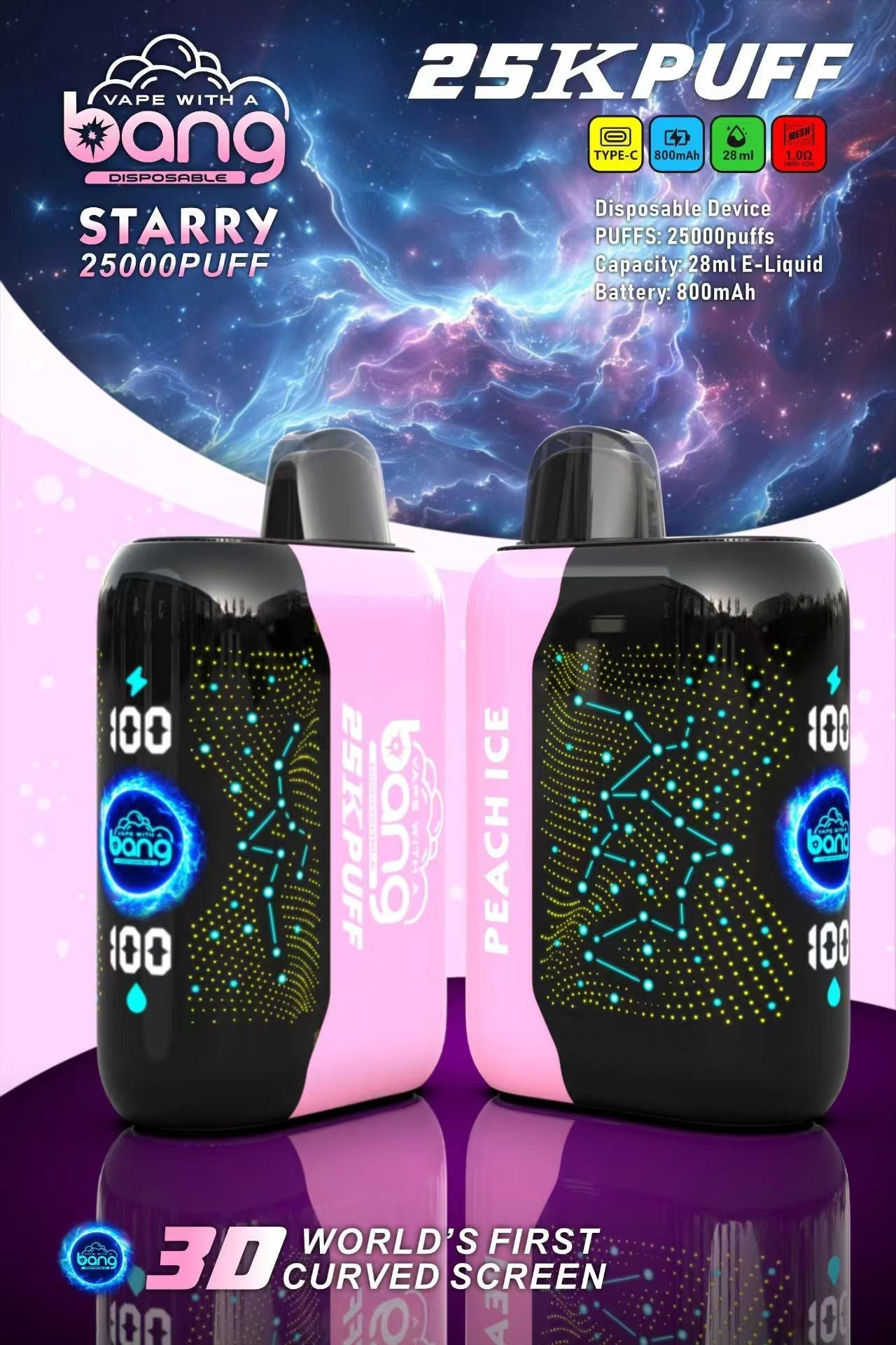 Bang Starry  25000 Puffs 25K Smart Full Screen Turn Ice Wholesale Disposable Vape Puff  Prefilled Pod-850mAh Battery, 30ml E-liquid, Multiple Nicotine 16 Flavors