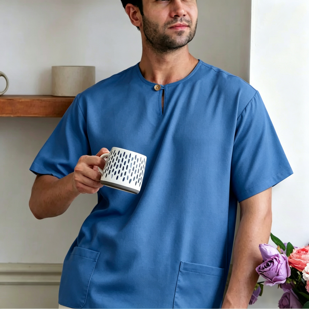 Premium One-Button Kurta | Ironless Abloh Crepe - Sophisticated Blue for Everyday Style