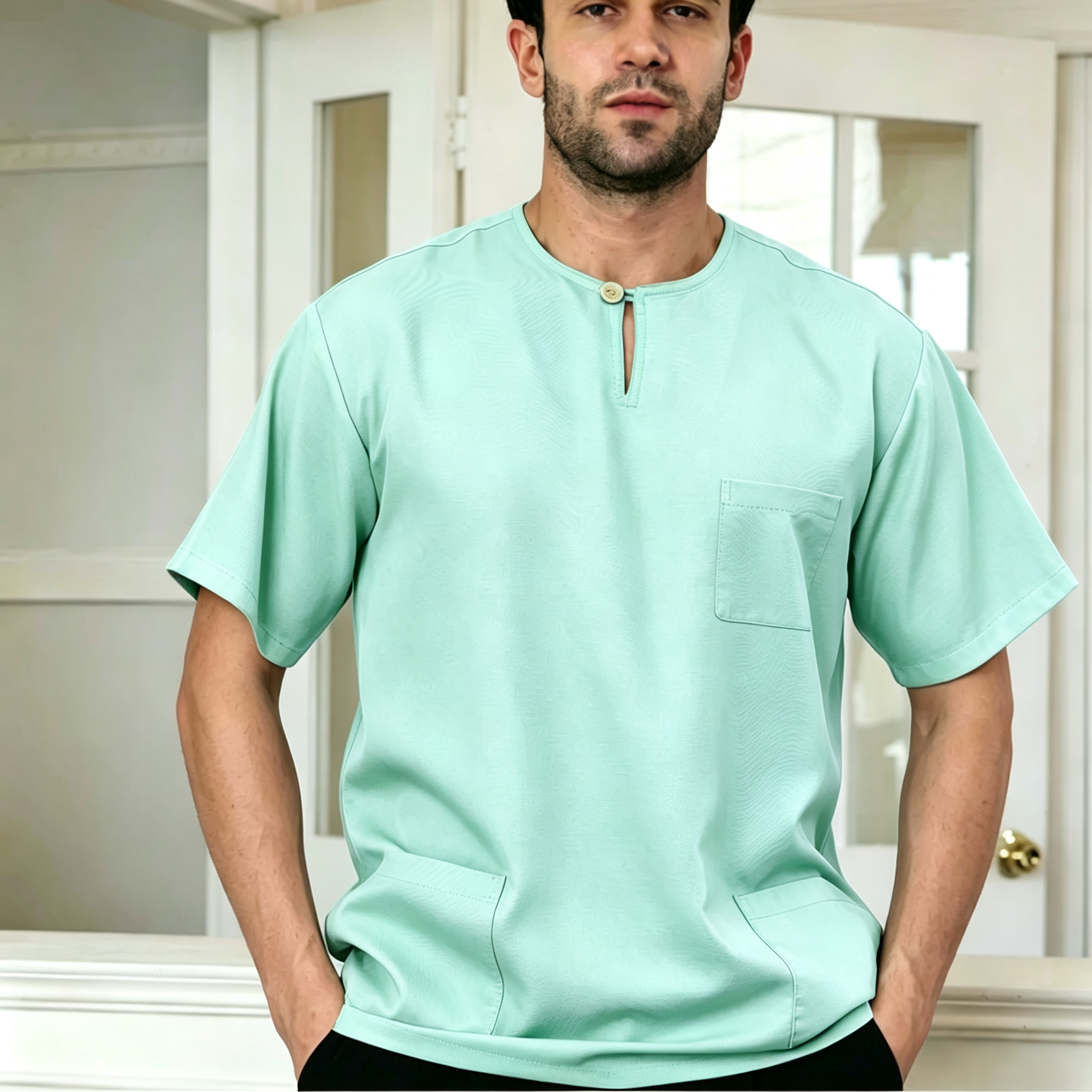 Premium One-Button Kurta | Ironless Abloh Crepe - Refreshing Mint Green Style