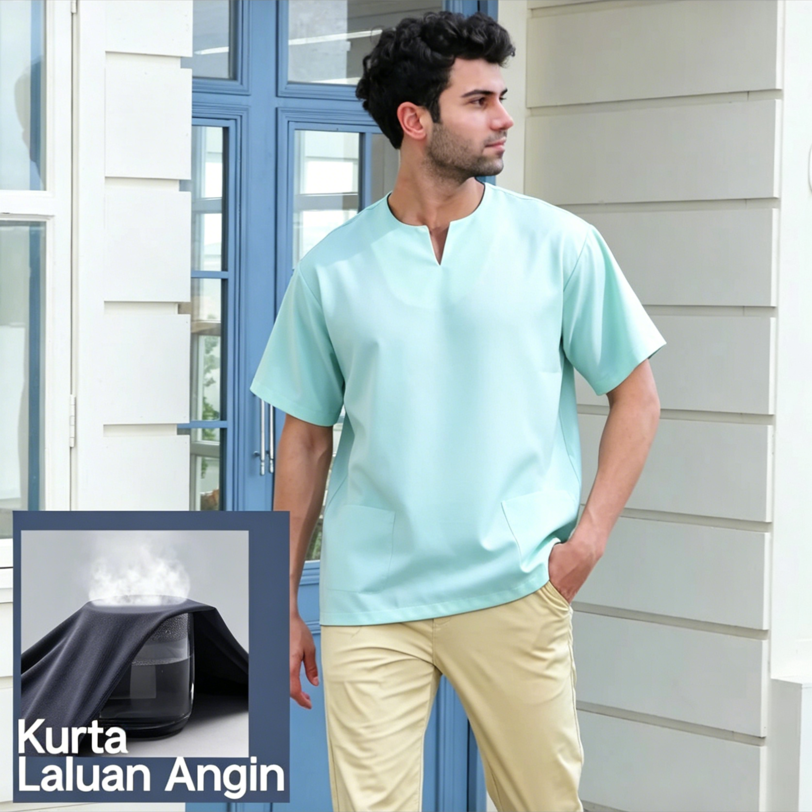 Breathable Short Sleeve Kurta - Mint Green Ultra-Cooling Men's Prayer Wear