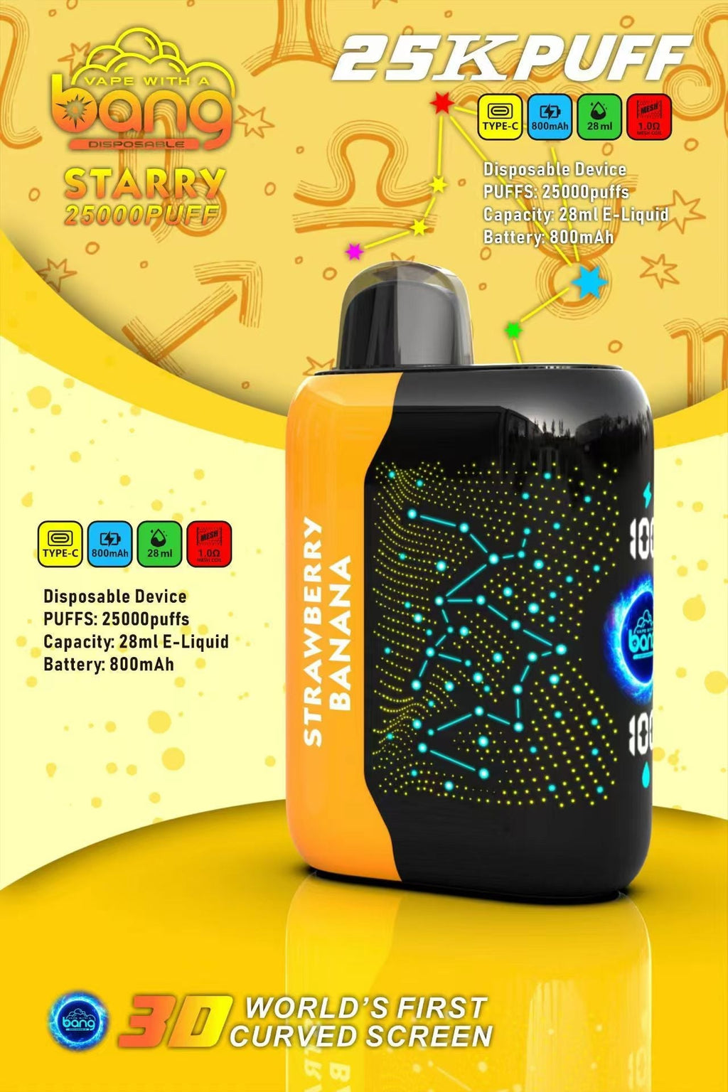 Bang Starry  25000 Puffs 25K Smart Full Screen Turn Ice Wholesale Disposable Vape Puff  Prefilled Pod-850mAh Battery, 30ml E-liquid, Multiple Nicotine 16 Flavors