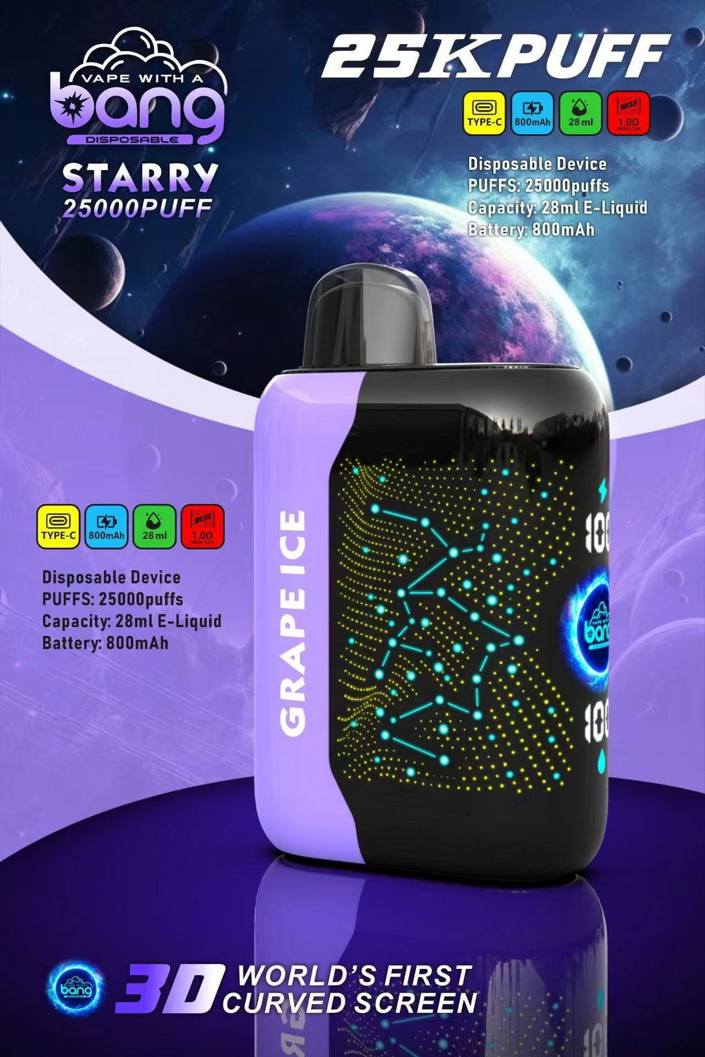 Bang Starry  25000 Puffs 25K Smart Full Screen Turn Ice Wholesale Disposable Vape Puff  Prefilled Pod-850mAh Battery, 30ml E-liquid, Multiple Nicotine 16 Flavors