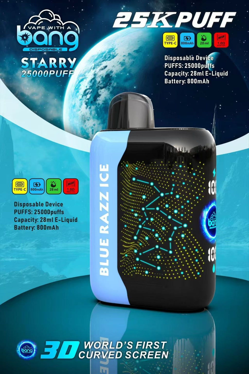 Bang Starry  25000 Puffs 25K Smart Full Screen Turn Ice Wholesale Disposable Vape Puff  Prefilled Pod-850mAh Battery, 30ml E-liquid, Multiple Nicotine 16 Flavors