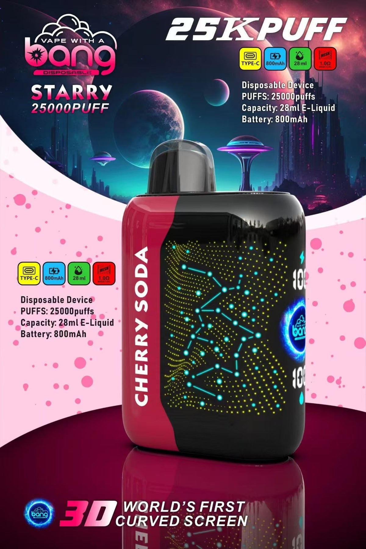 Bang Starry  25000 Puffs 25K Smart Full Screen Turn Ice Wholesale Disposable Vape Puff  Prefilled Pod-850mAh Battery, 30ml E-liquid, Multiple Nicotine 16 Flavors