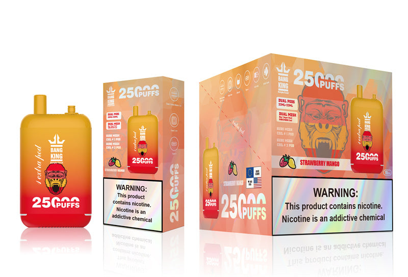 Bang 25000 Puffs Dual Mesh Coil Pod Rechargeable E Cigarette Disposable Vapes Bang King 25k Puff - 46mL pre-filled e-liquid Dual Tank (0% to 5% Nicotine);650mAh Battery 12 Flavors