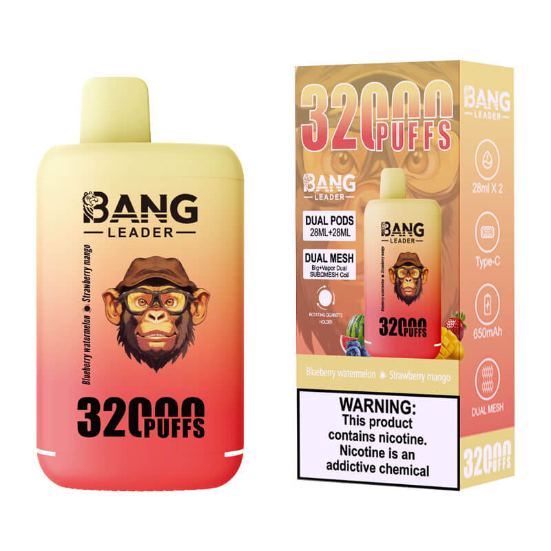 Bang Leader 32000 Puffs Disposable Vape (0% to 5% Nicotine) - Dual Pods, 26ml+26ml E-Liquid 650mah Type-C Rechargeable 18  Flavors