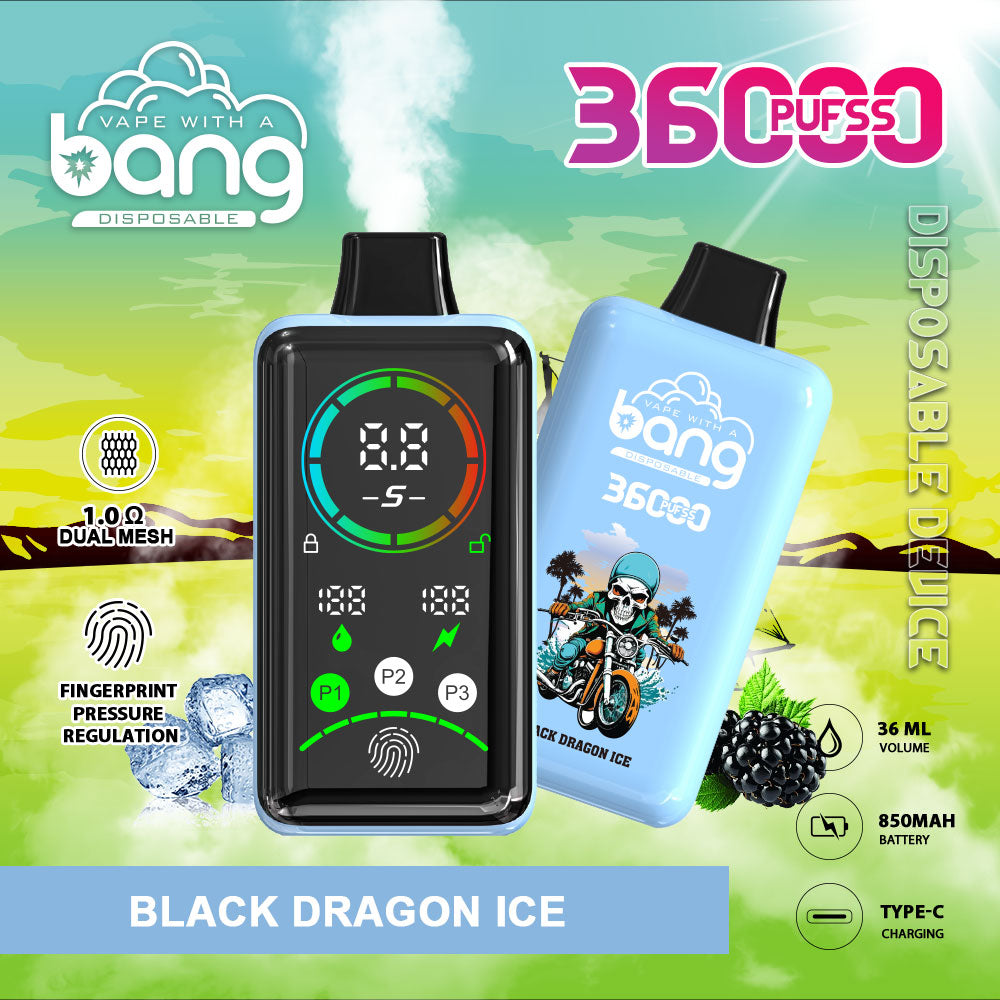 BANG 36K Puffs Smart Full Screen Turn Ice Wholesale Disposable Vape Puff 36k Prefilled Pod– 850mAh Battery, 36mL E-Liquid, 0% to 5% Nicotine Options 12 Flavors