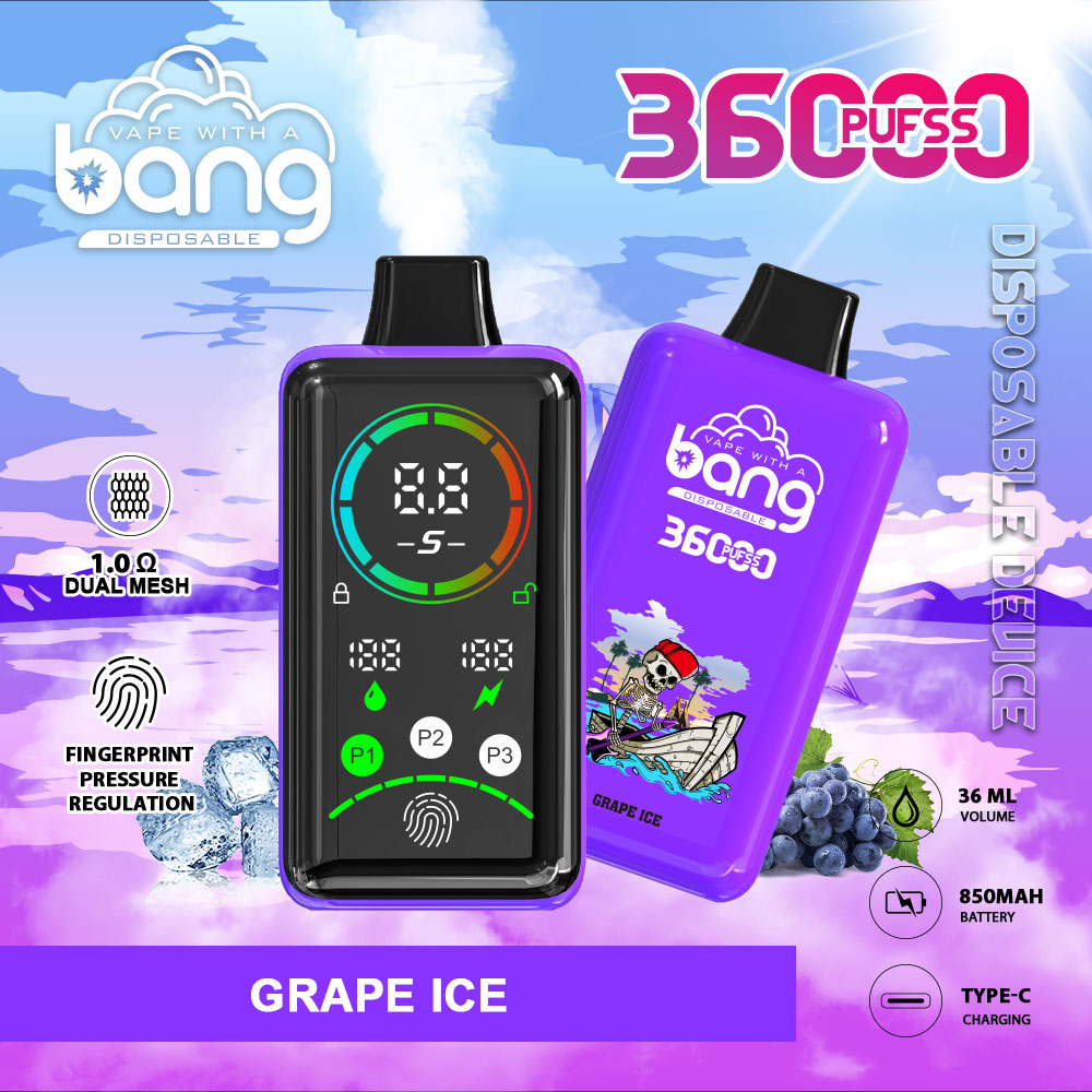 BANG 36K Puffs Smart Full Screen Turn Ice Wholesale Disposable Vape Puff 36k Prefilled Pod– 850mAh Battery, 36mL E-Liquid, 0% to 5% Nicotine Options 12 Flavors