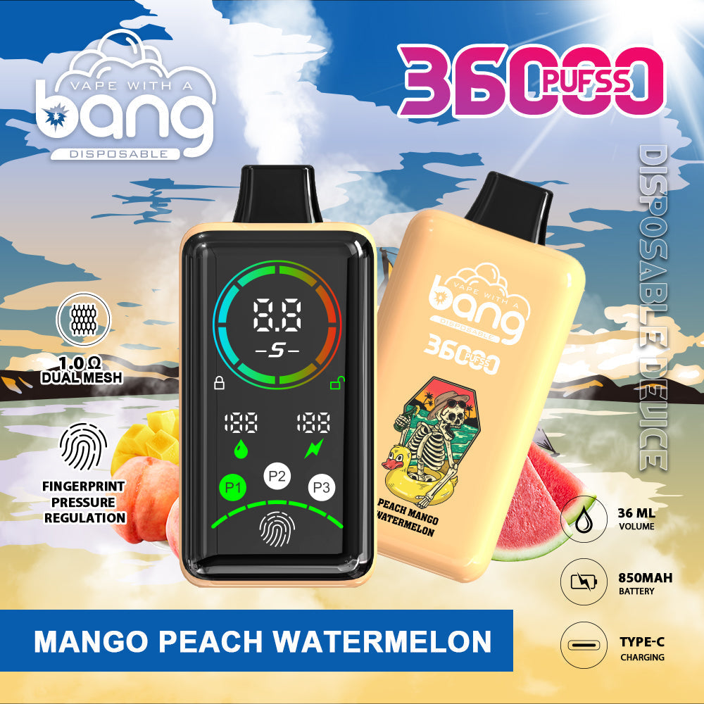 BANG 36K Puffs Smart Full Screen Turn Ice Wholesale Disposable Vape Puff 36k Prefilled Pod– 850mAh Battery, 36mL E-Liquid, 0% to 5% Nicotine Options 12 Flavors