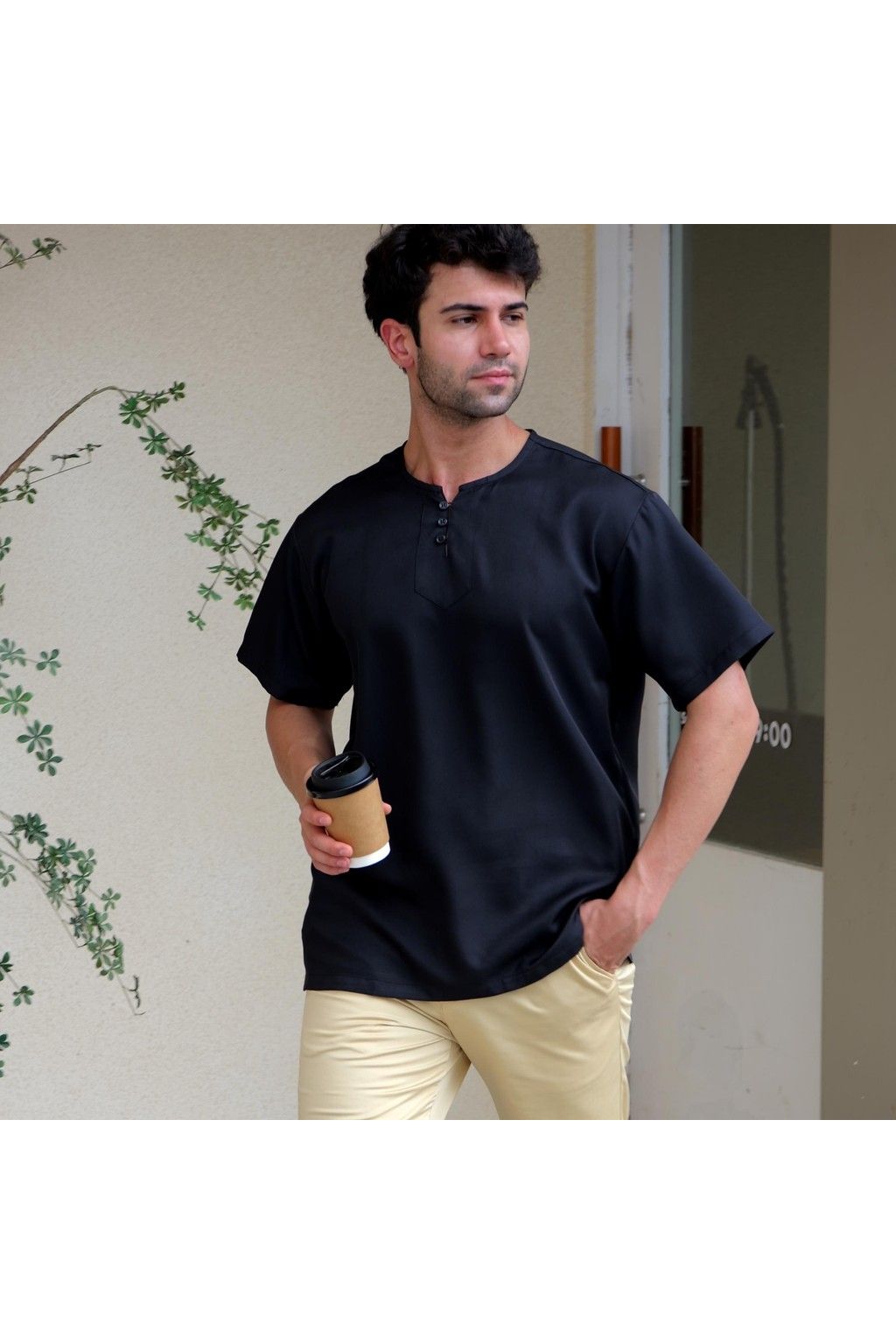 3-Button Men's Short-Sleeve T-Shirt – Breathable Abloh Crepe Fabric, Summer Casual
