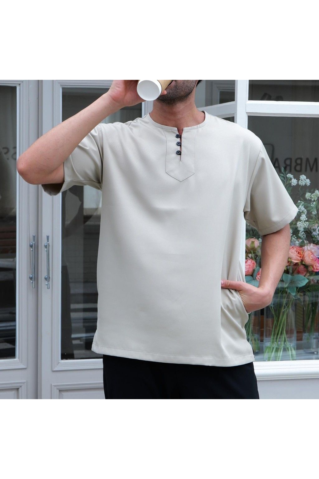 3-Button Men's Short-Sleeve T-Shirt – Breathable Abloh Crepe Fabric, Summer Casual