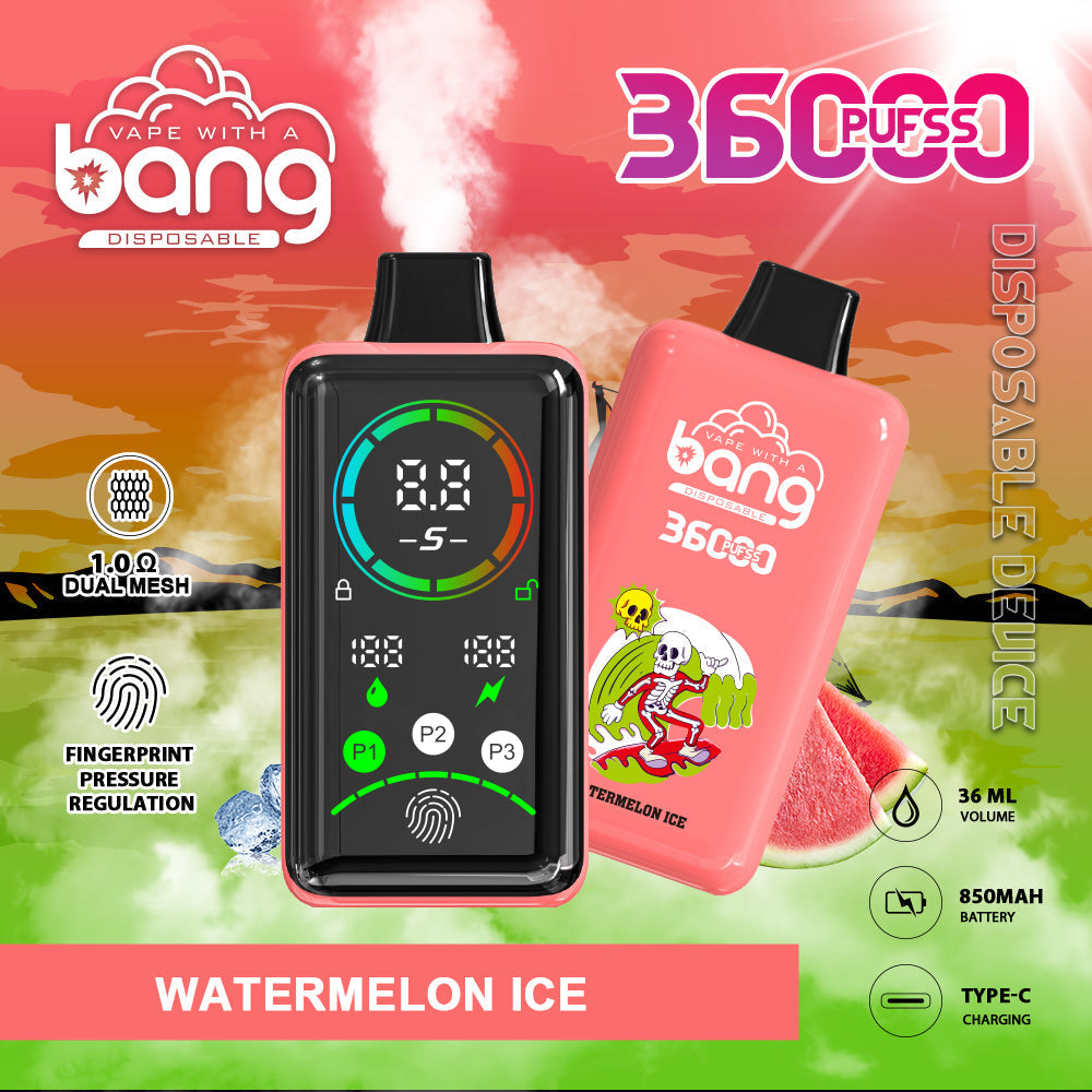 BANG 36K Puffs Smart Full Screen Turn Ice Wholesale Disposable Vape Puff 36k Prefilled Pod– 850mAh Battery, 36mL E-Liquid, 0% to 5% Nicotine Options 12 Flavors