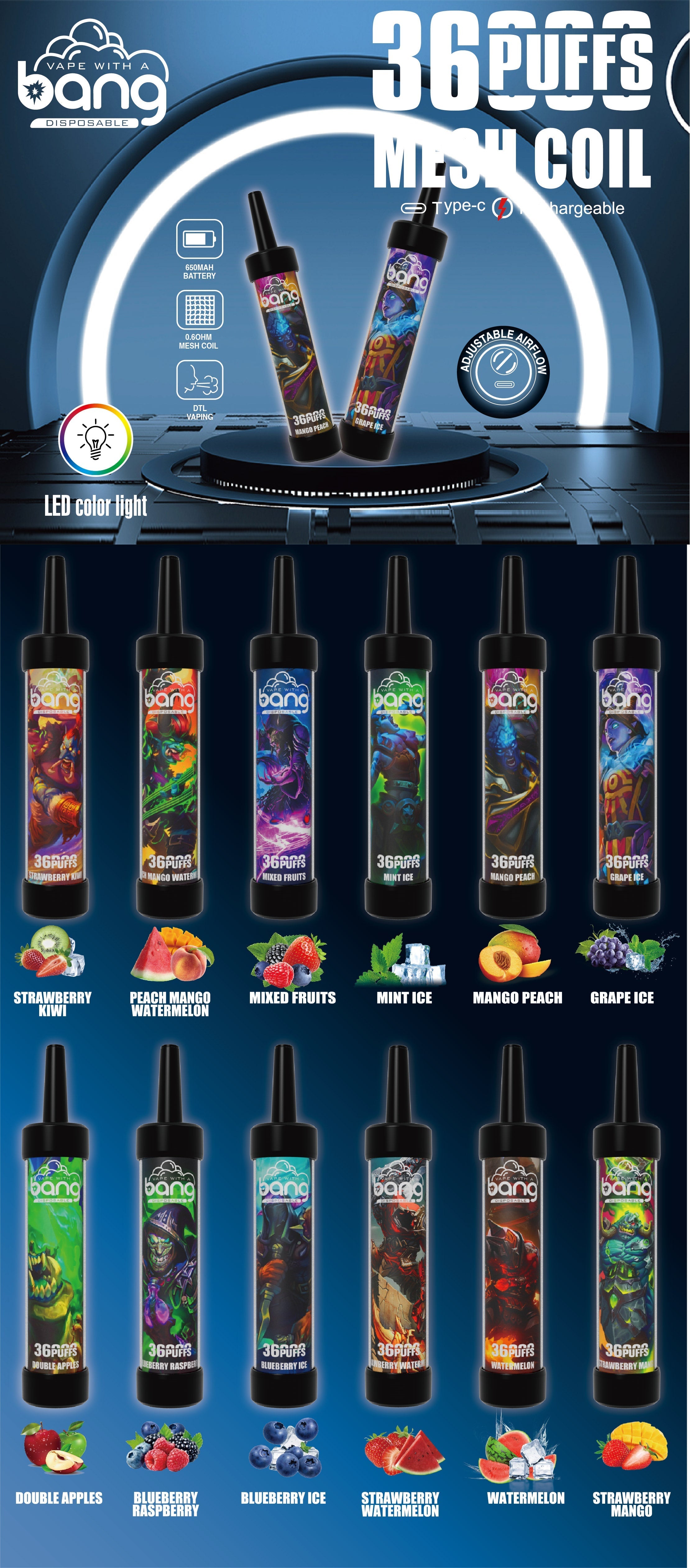 BangKing 36K Puffs Smart Full Screen Turn Ice Wholesale Disposable Vape Puff 36k Prefilled Pod-850mAh Battery, 30ml E-liquid, Multiple Nicotine 12 Flavors