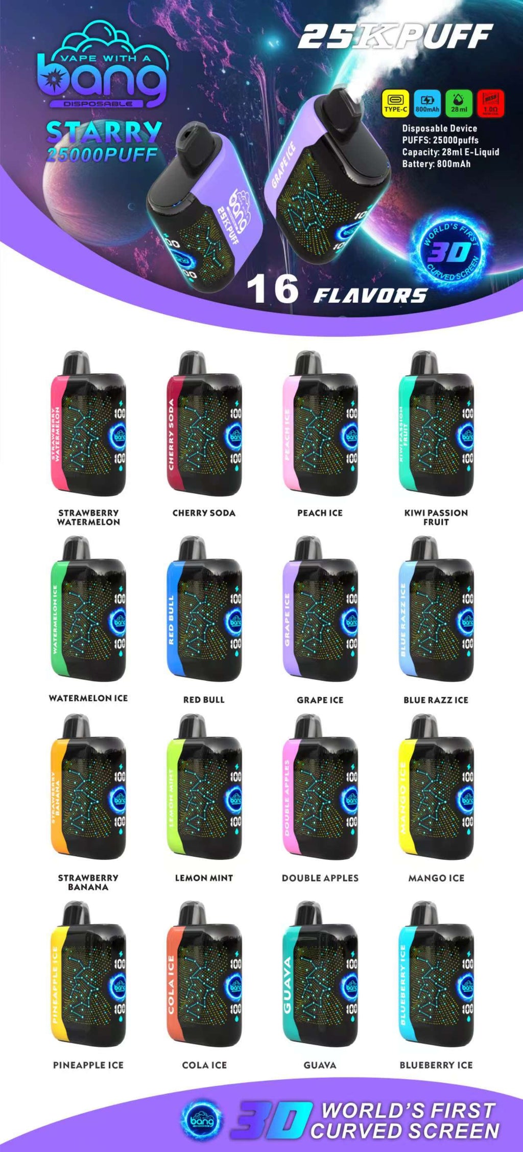 Bang Starry  25000 Puffs 25K Smart Full Screen Turn Ice Wholesale Disposable Vape Puff  Prefilled Pod-850mAh Battery, 30ml E-liquid, Multiple Nicotine 16 Flavors